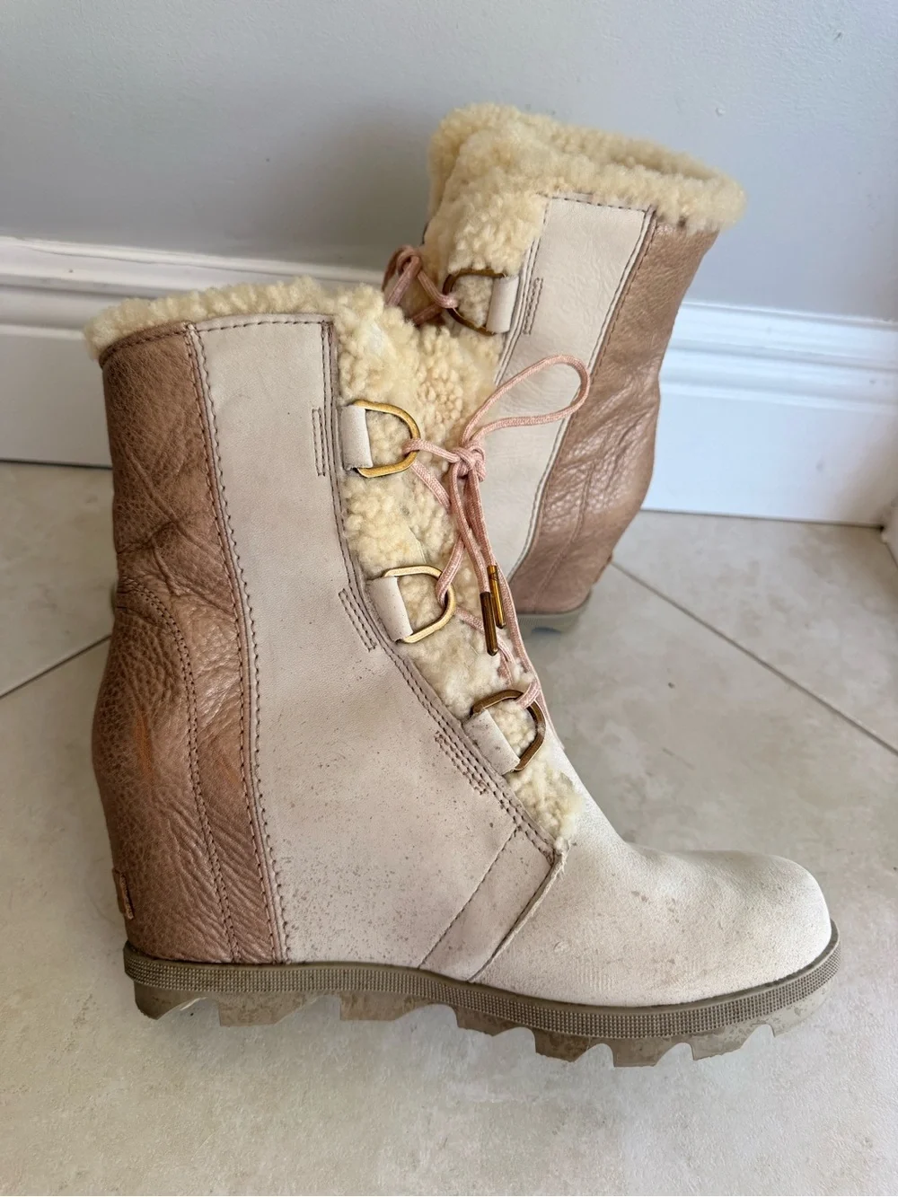 Sorel Women's Cream and Tan Shearling Lace-Up Wedge Boots